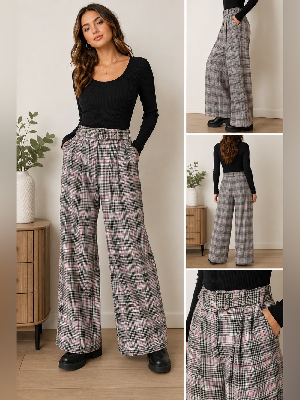Nasty Gal Pink and Black Plaid High-Waist Wide Leg Pants with Belt